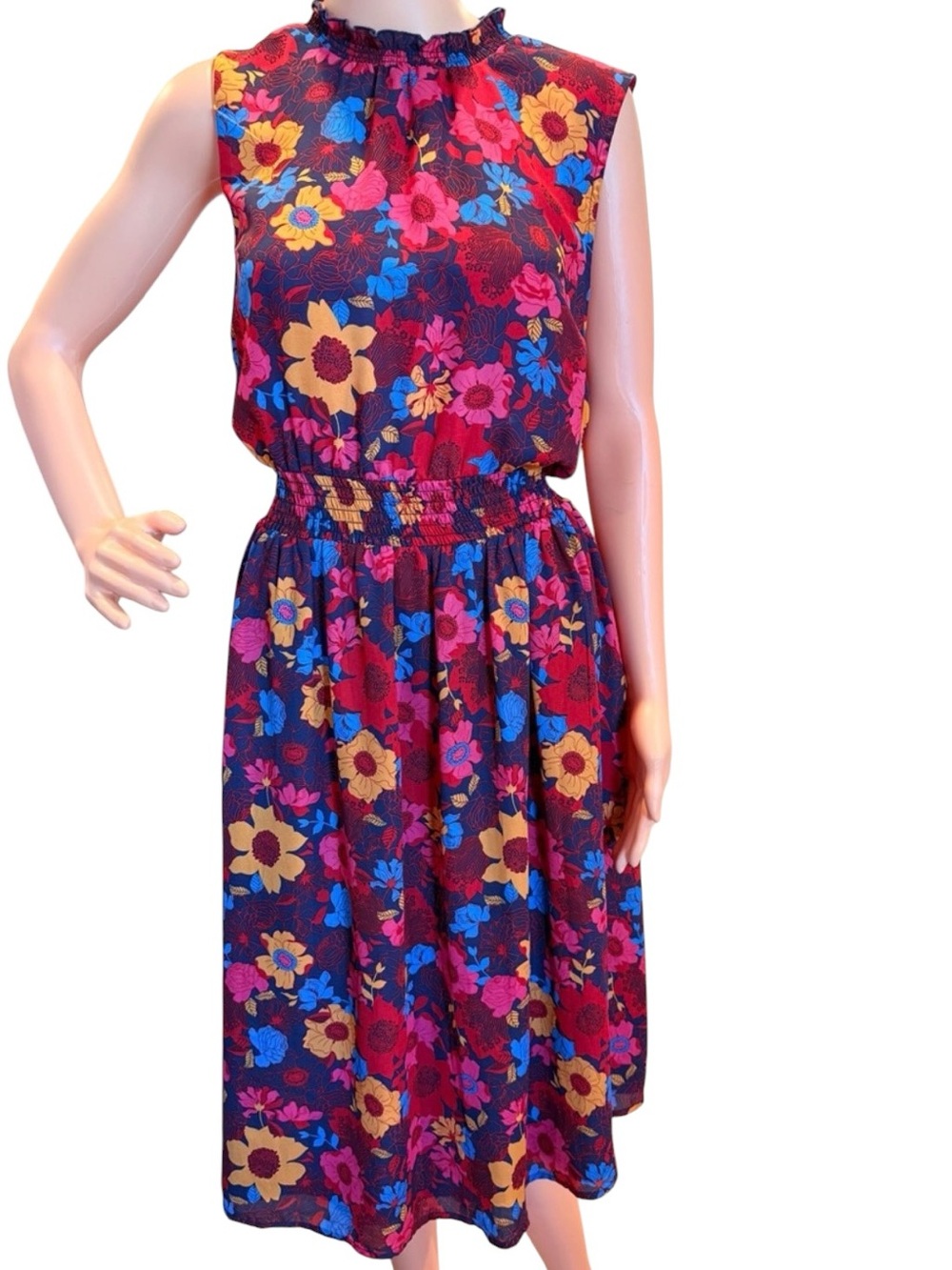 Modcloth Floral Midi Dress Sleeveless Burgundy Blue Yellow Size Extra Large XL - Picture 4 of 4